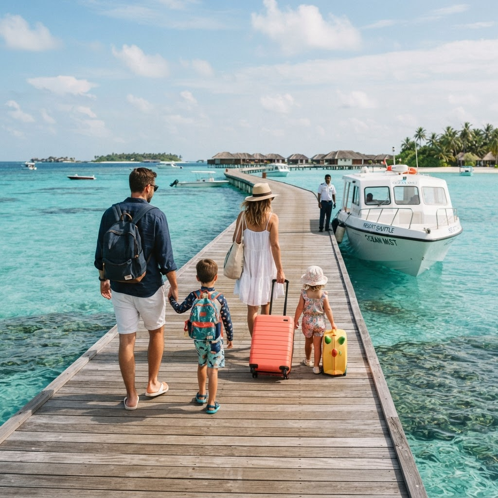 A family walking along a resort jetty with luggage toward a waiting speedboat