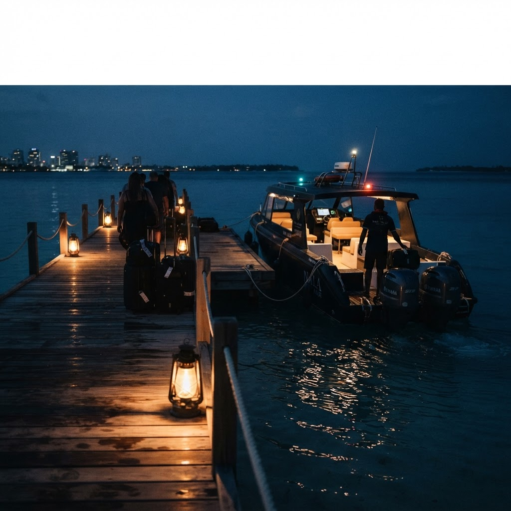 A speedboat waiting at a lit jetty at dusk in the Maldives