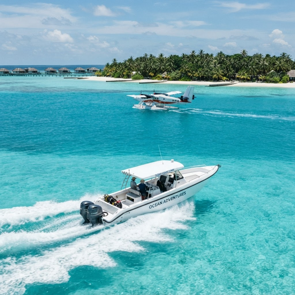 A seaplane and a speedboat crossing a turquoise Maldives lagoon