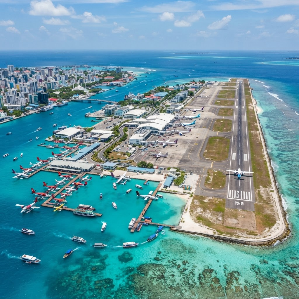 Malé city skyline and lagoon in the Maldives