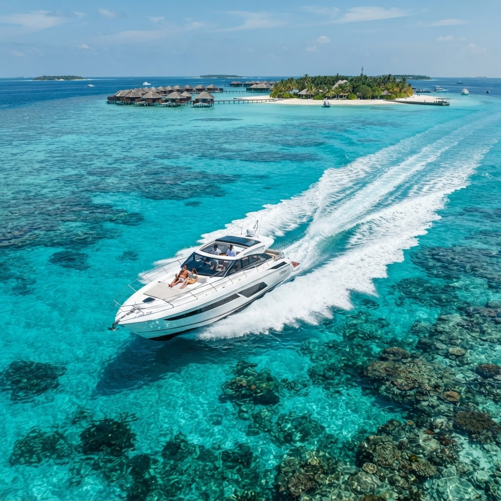 Speedboat crossing turquoise Maldivian waters at sunset