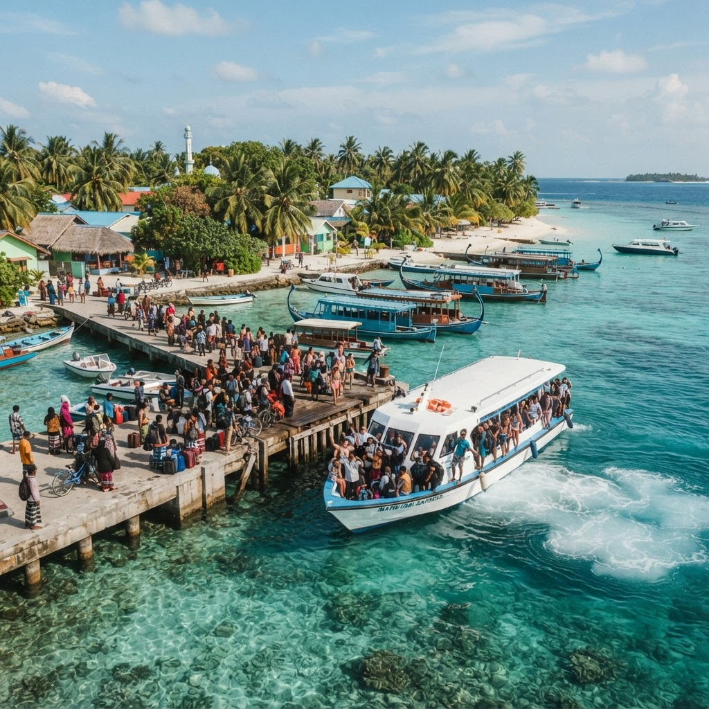 A local speedboat ferry departing a Maldivian island jetty with passengers aboard
