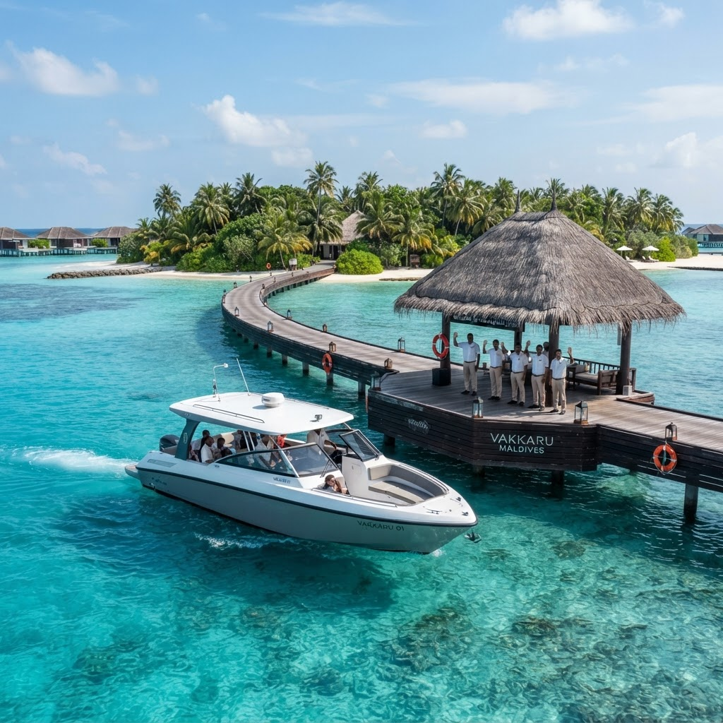 Kooddoo Airport arrivals jetty in Gaafu Alifu Atoll, Maldives