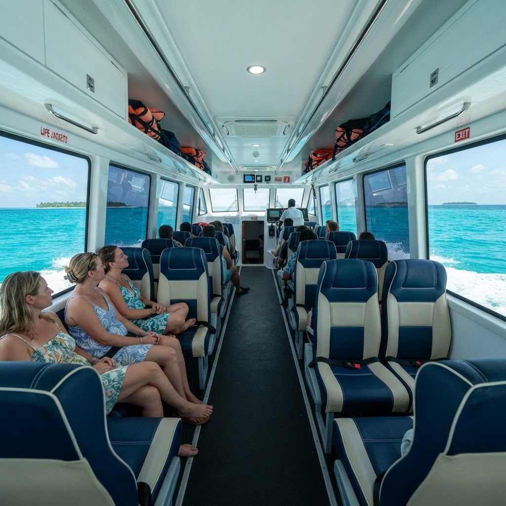 Air-conditioned cabin interior of a Maldives speedboat transfer