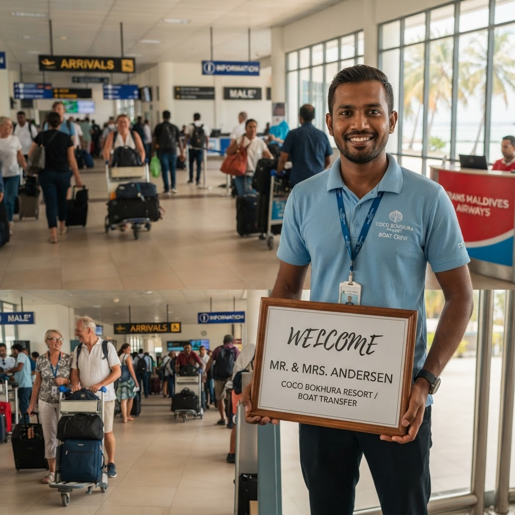 A resort representative greeting arriving guests at the airport