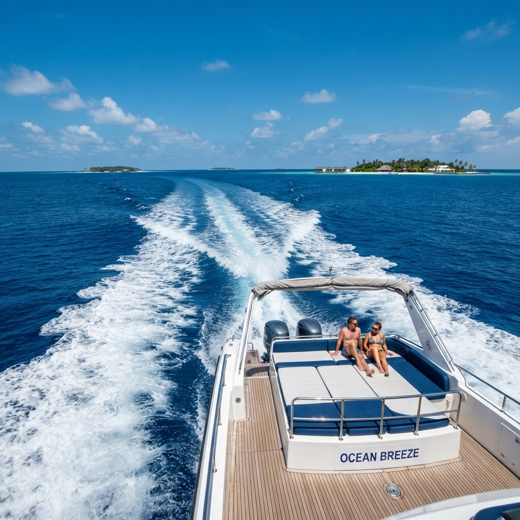 Travelers on the open sun deck of a shared Maldives speedboat
