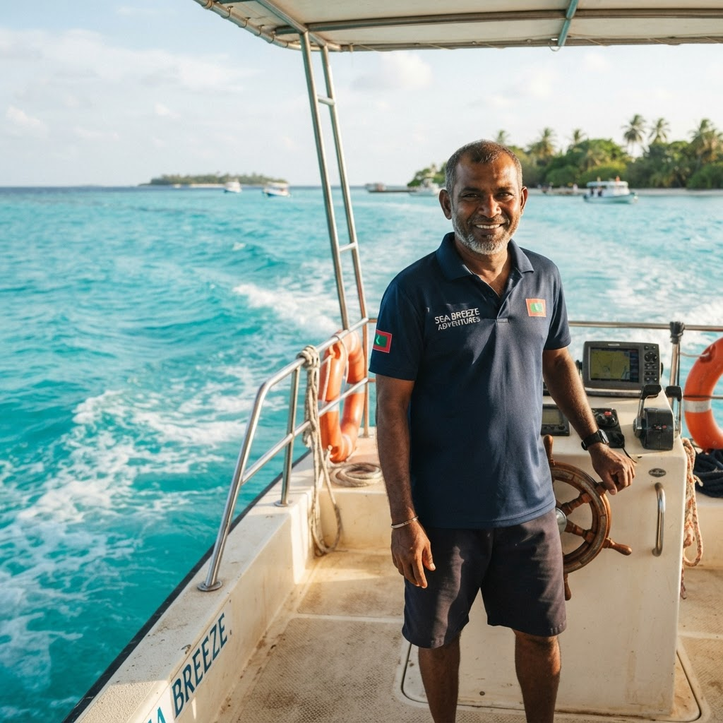 A professional Maldivian boat captain aboard his speedboat